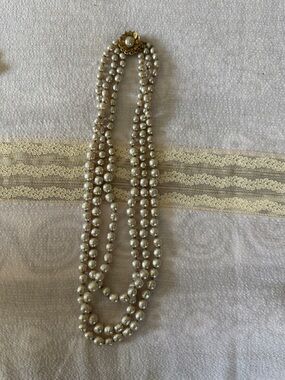 Miriam Haskell Triple-Strand Glass Pearl Necklace with Gold-Tone Floral Clasp
